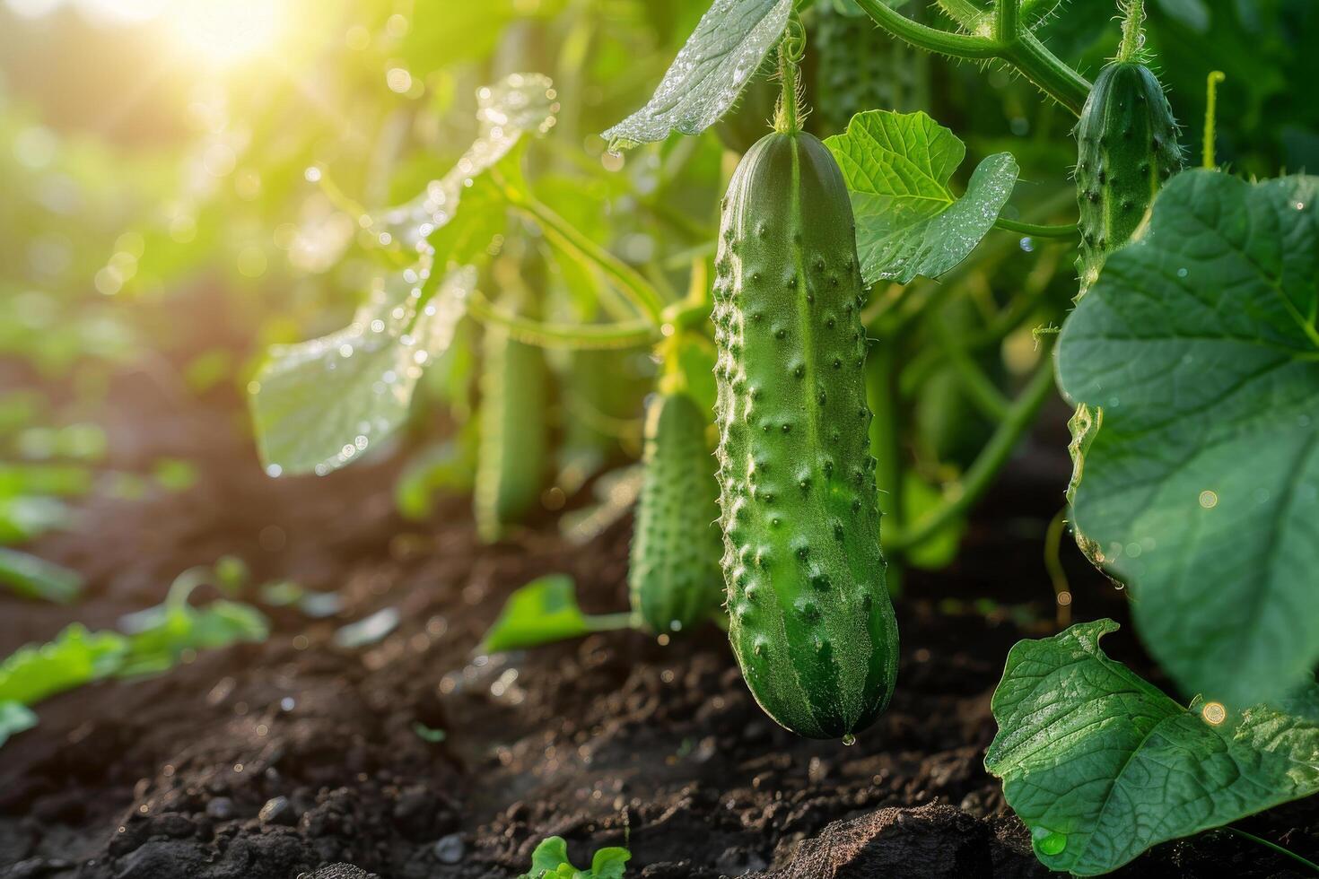 ai generado un Pepino crece en un jardín foto