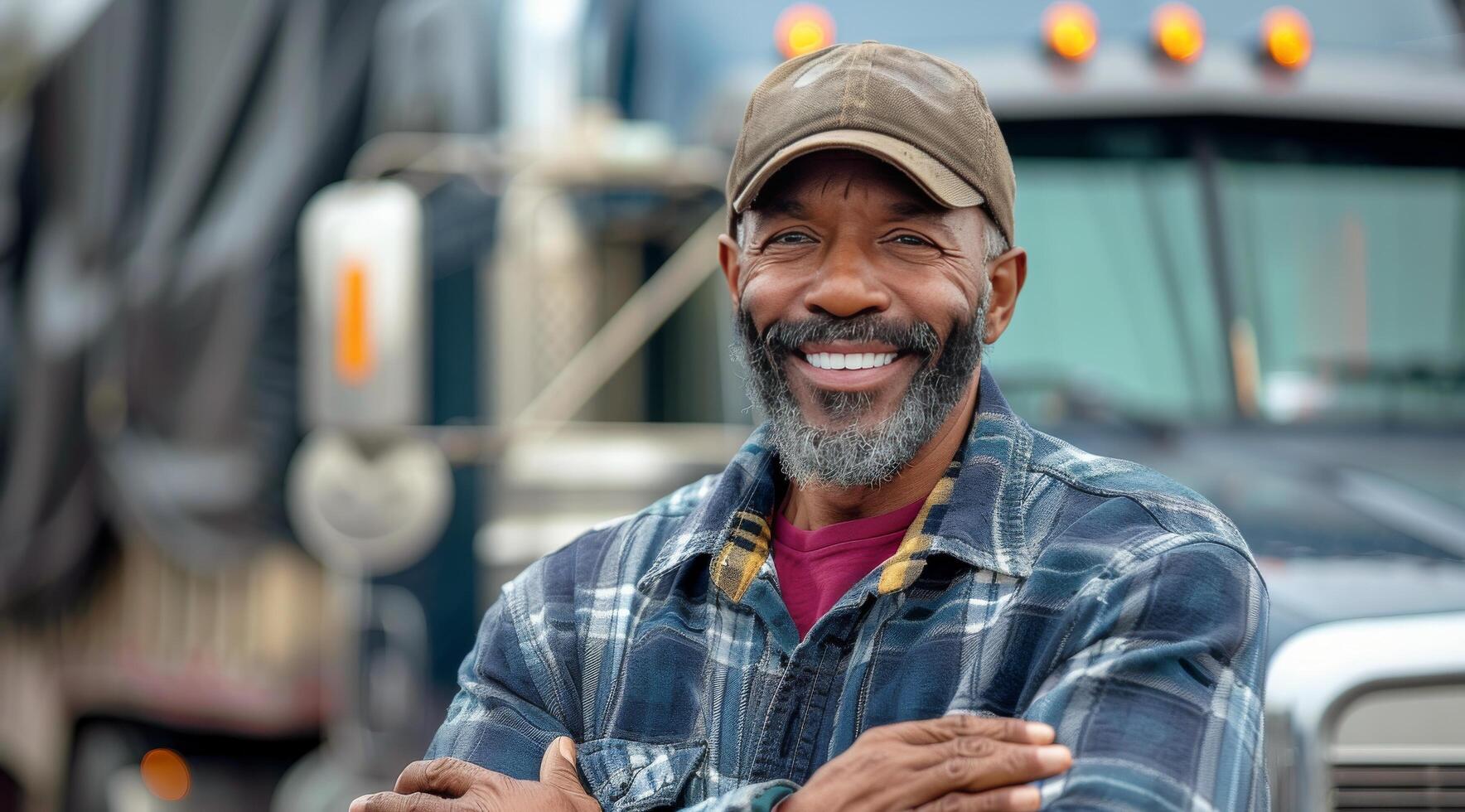 AI generated Man Standing in Front of Semi Truck photo