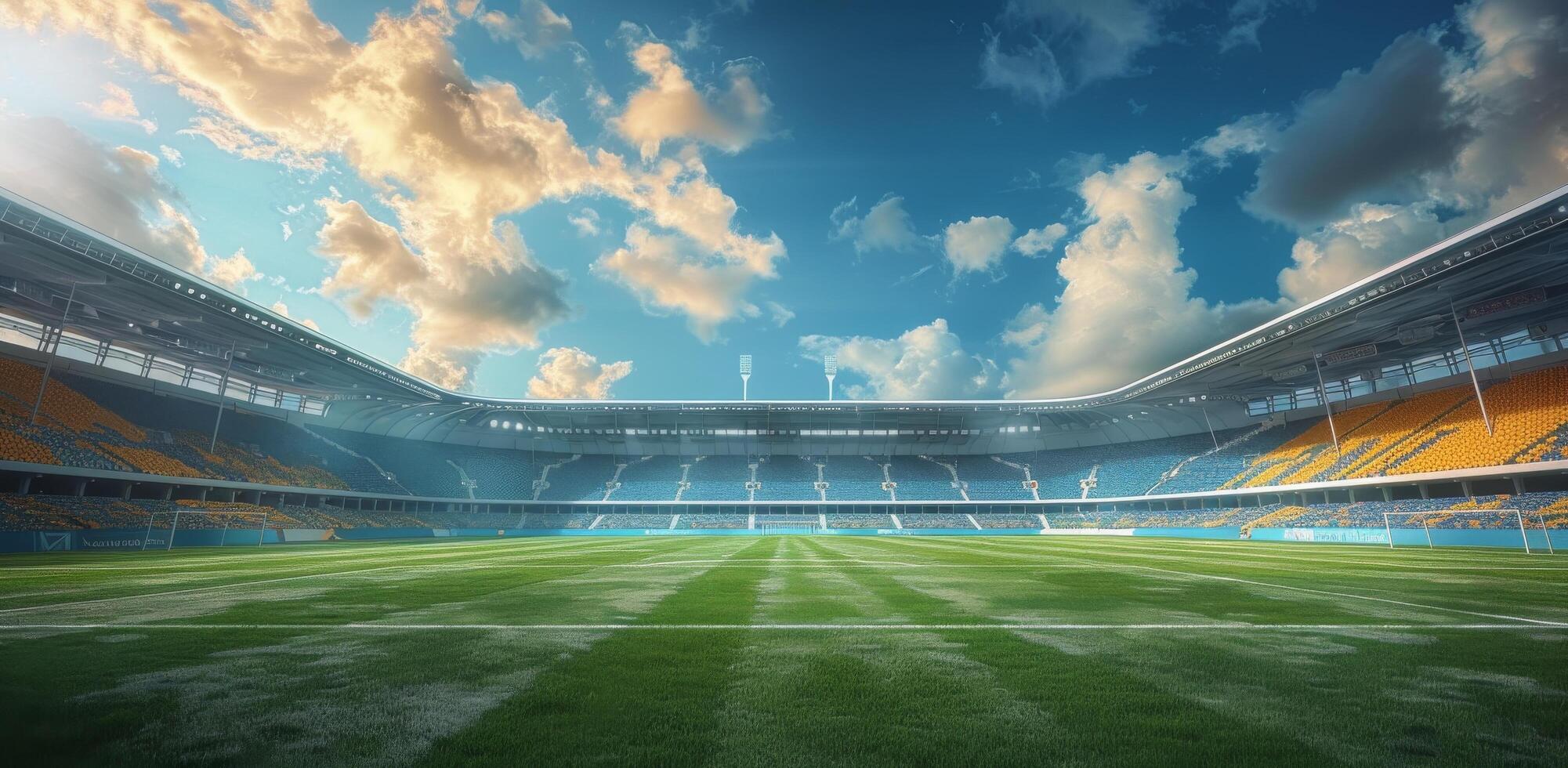AI generated Large Empty Stadium With Green Field photo