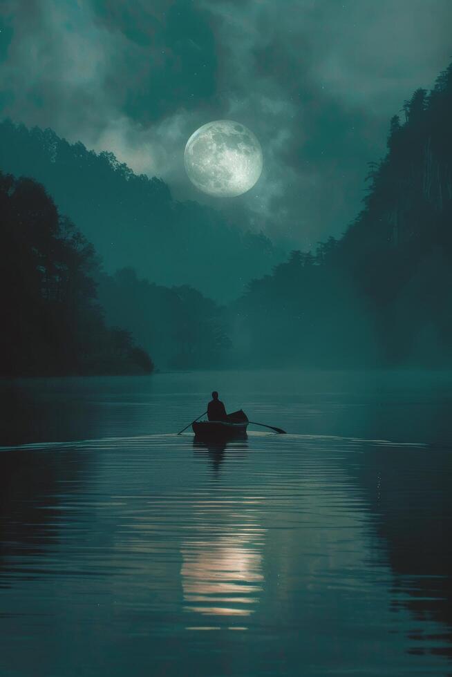 AI generated Man Rowing Boat on Lake at Night photo