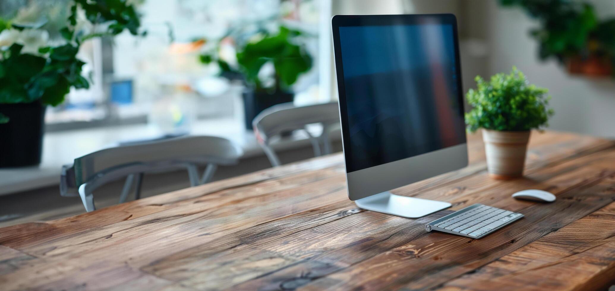 AI generated Desktop Computer on Wooden Table photo