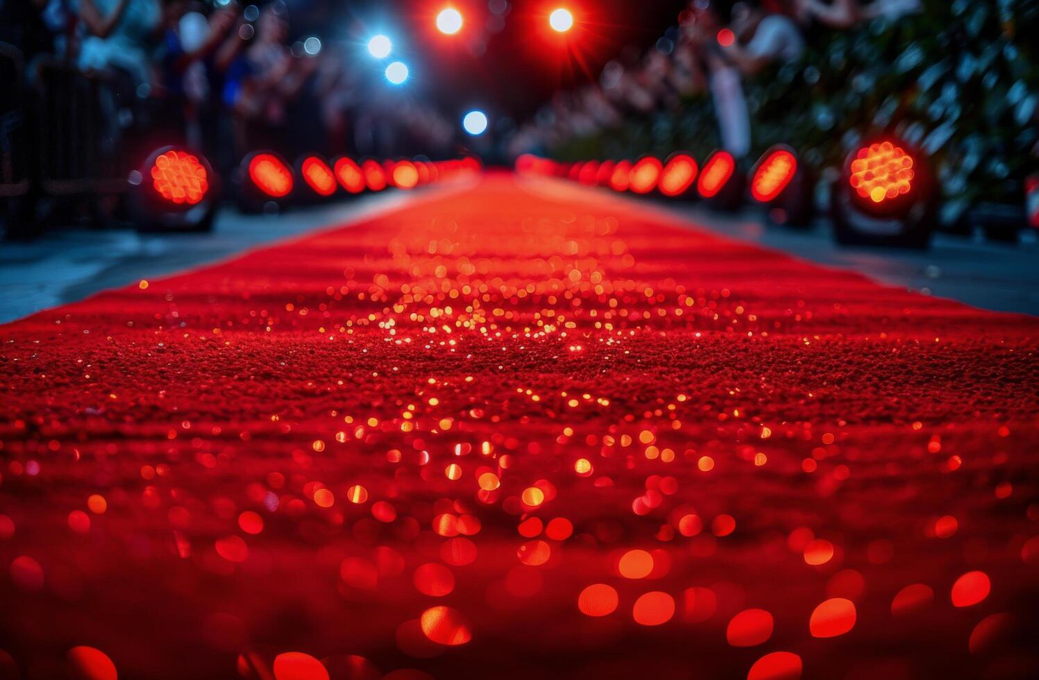 ai generado rojo alfombrado zona con pasos y luces foto