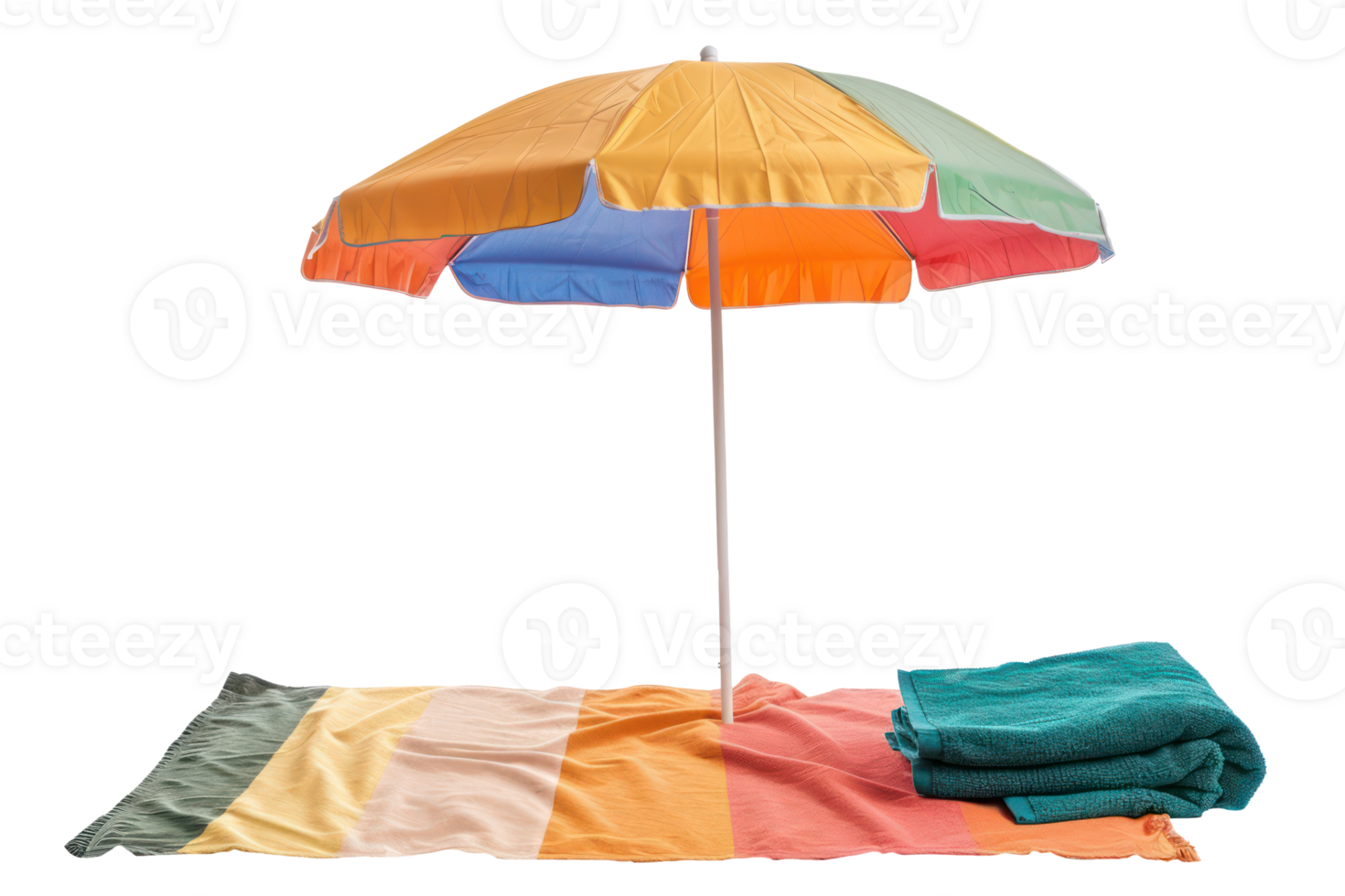 ai generiert bunt Strand Regenschirm mit passend Handtücher auf Sand png