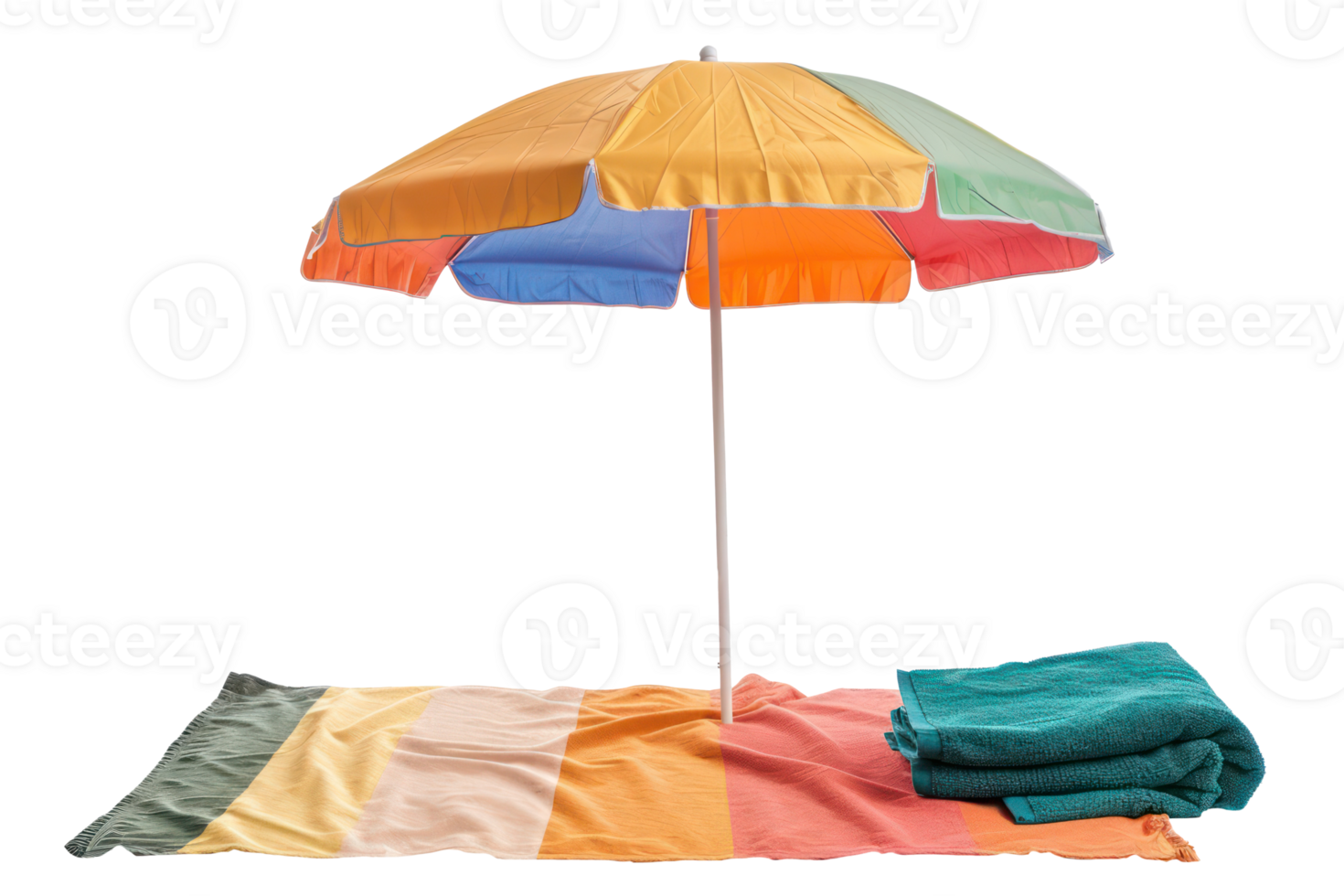 AI generated Colorful beach umbrella with matching towels on sand png