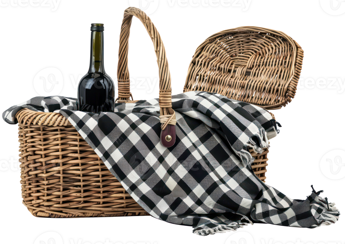 AI generated Picnic basket with wine bottle and checkered blanket png