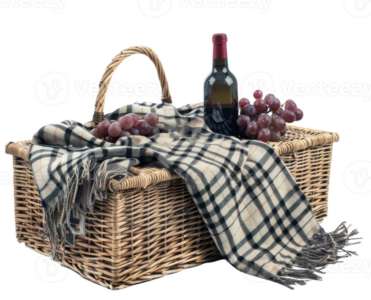 ai generiert Picknick Korb mit Wein Flasche und kariert Decke png