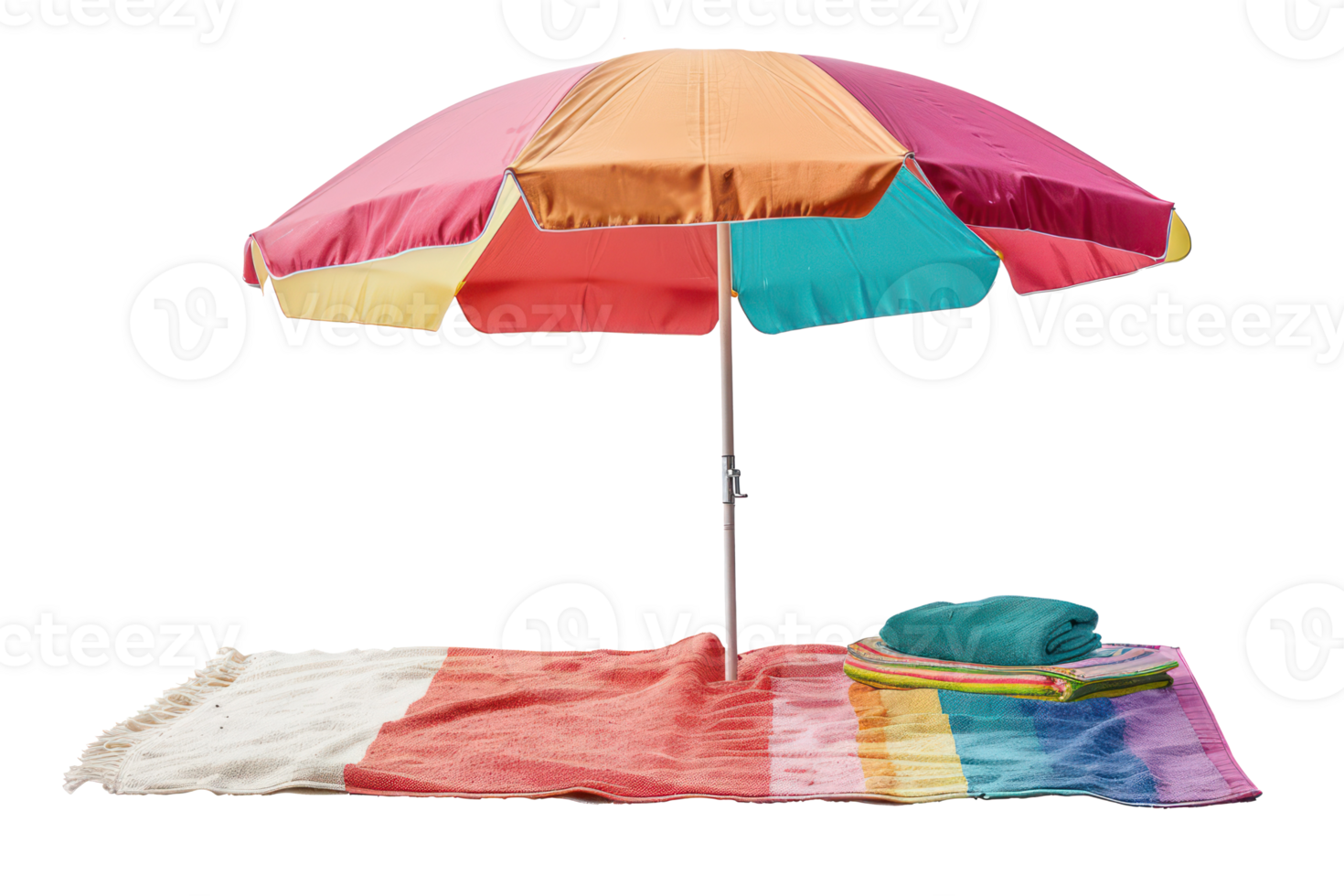 AI generated Colorful beach umbrella with matching towels on sand png