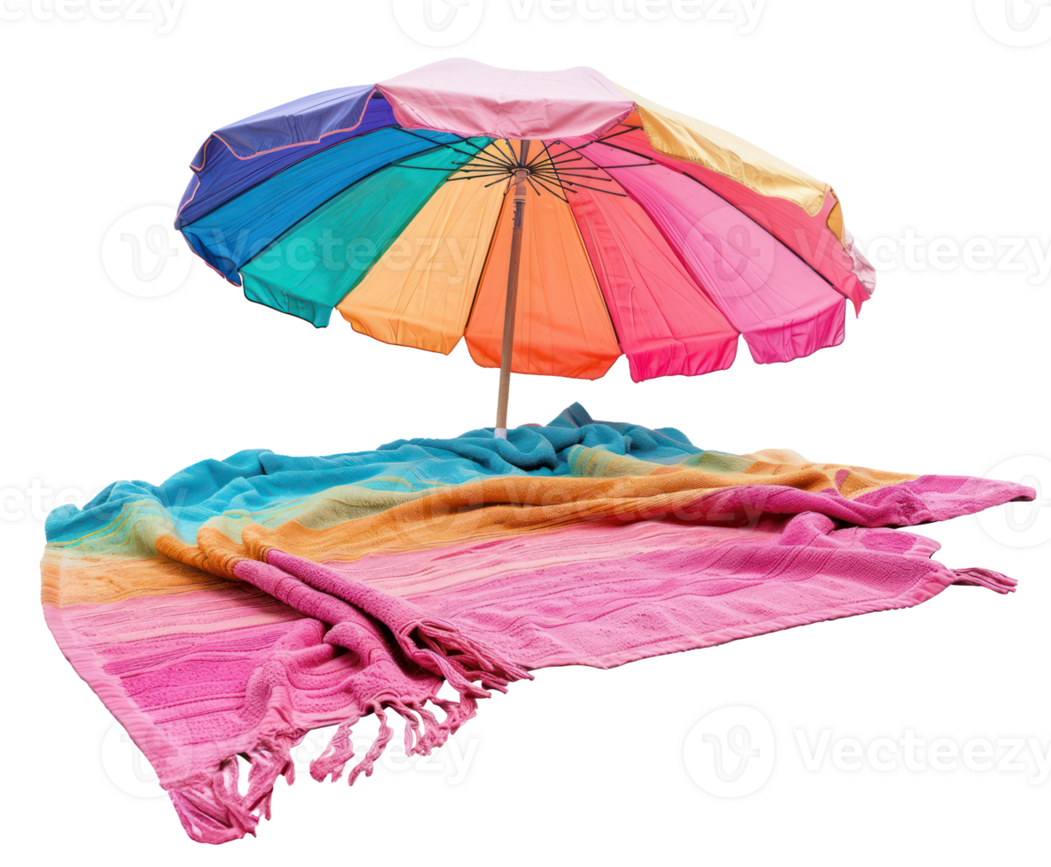 AI generated Colorful beach umbrella with matching towels on sand png