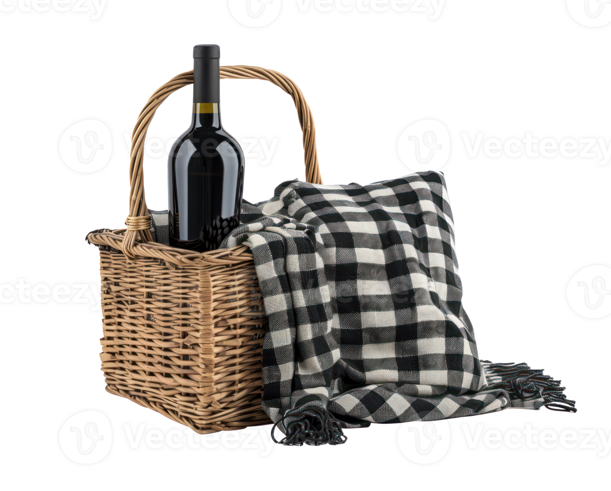 AI generated Picnic basket with wine bottle and checkered blanket png