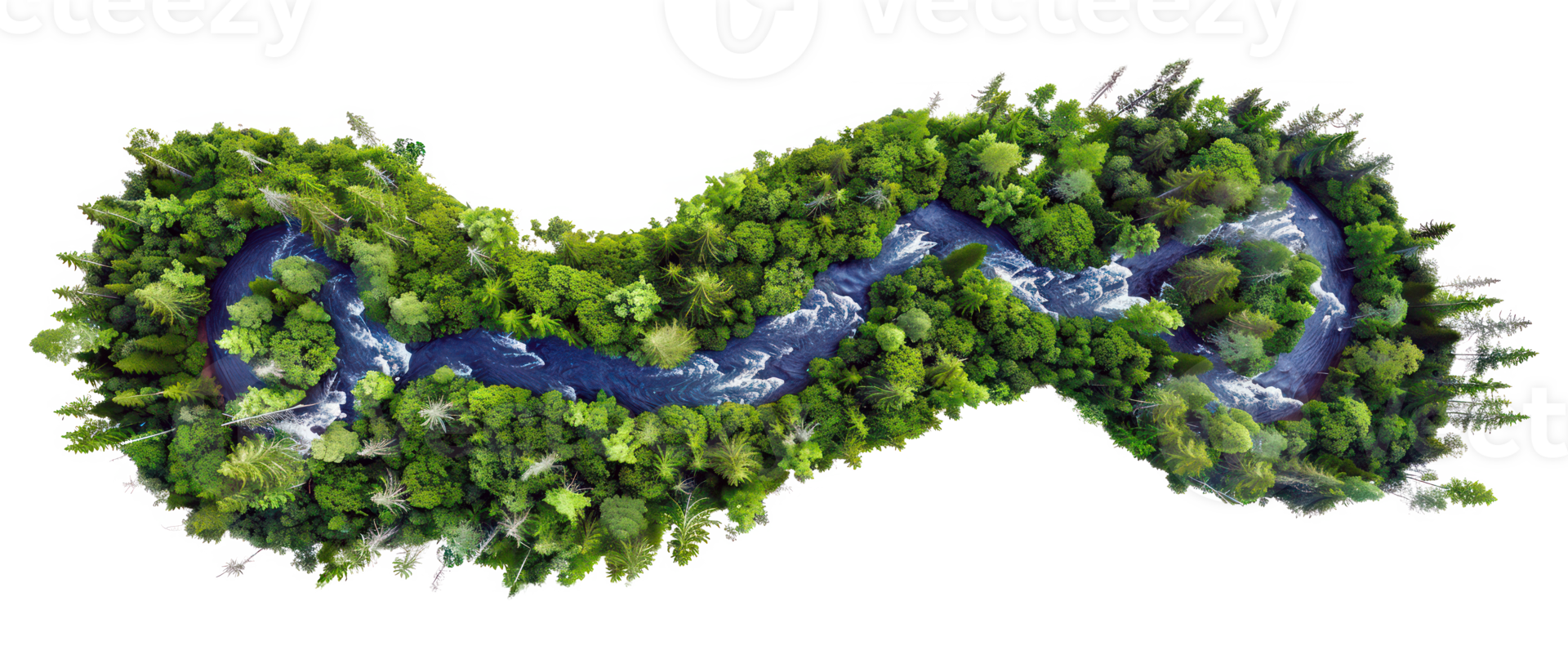 AI generated Lush green forested river island from aerial perspective on transparent background - stock png. png