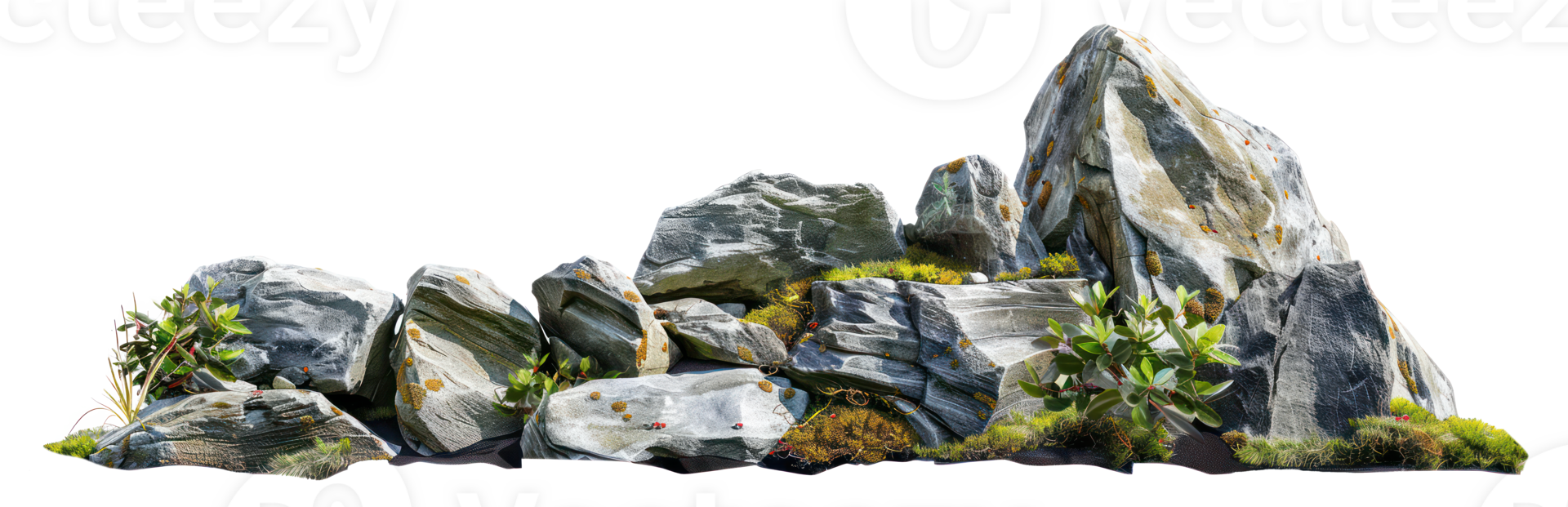 AI generated Serene rocky garden with diverse plants and stones on transparent background - stock png. png