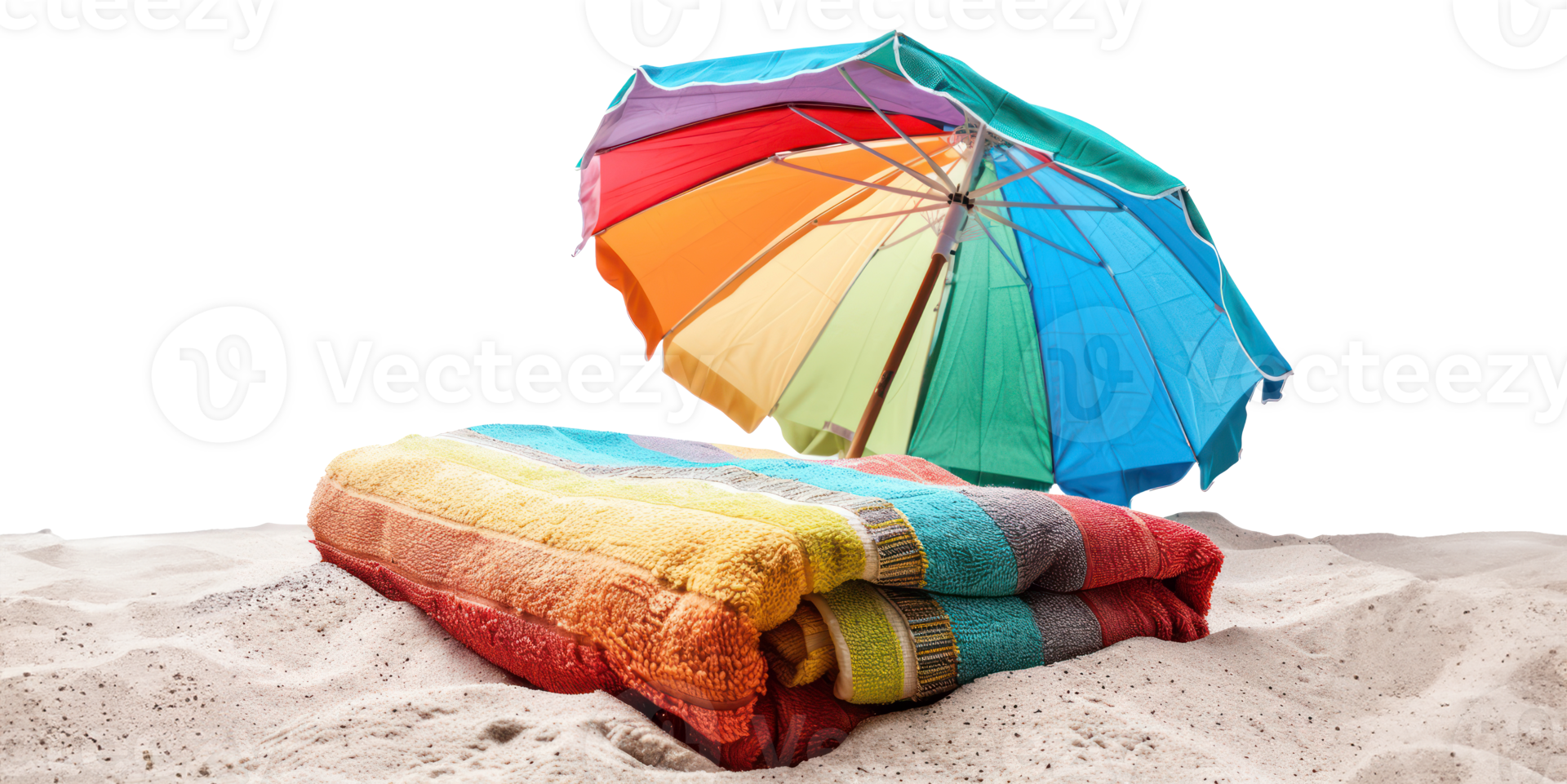 AI generated Colorful beach umbrella with matching towels on sand png