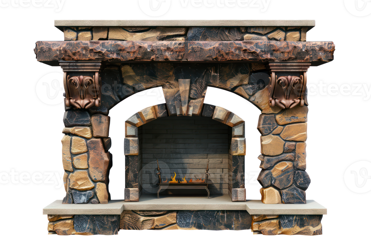 AI generated Vintage stone fireplace on transparent background - stock png. png