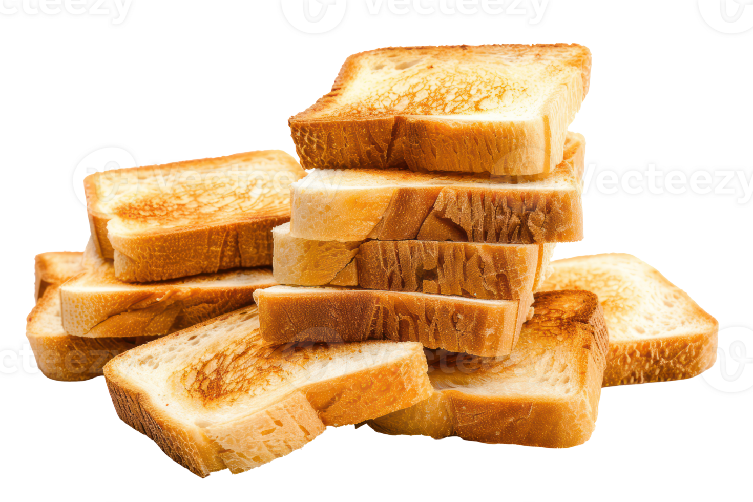 AI generated Stack of golden toasted bread slices on transparent background - stock png. png