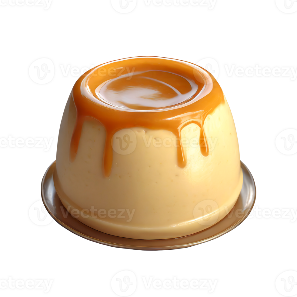 AI generated 3D milk pudding, showcasing a creamy texture and caramel sauce, on transparent background png