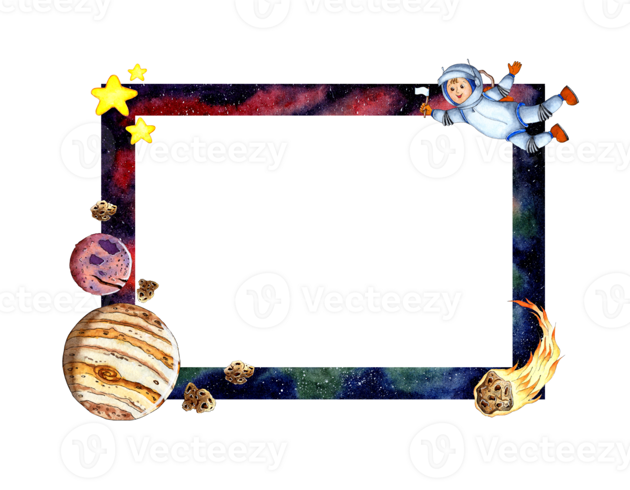 vattenfärg illustration av en rektangulär ram med Plats bakgrund, astronaut, planeter, asteroider, kometer och stjärnor på Det. kosmos bakgrund med vit Plats för text inbjudan eller mall png