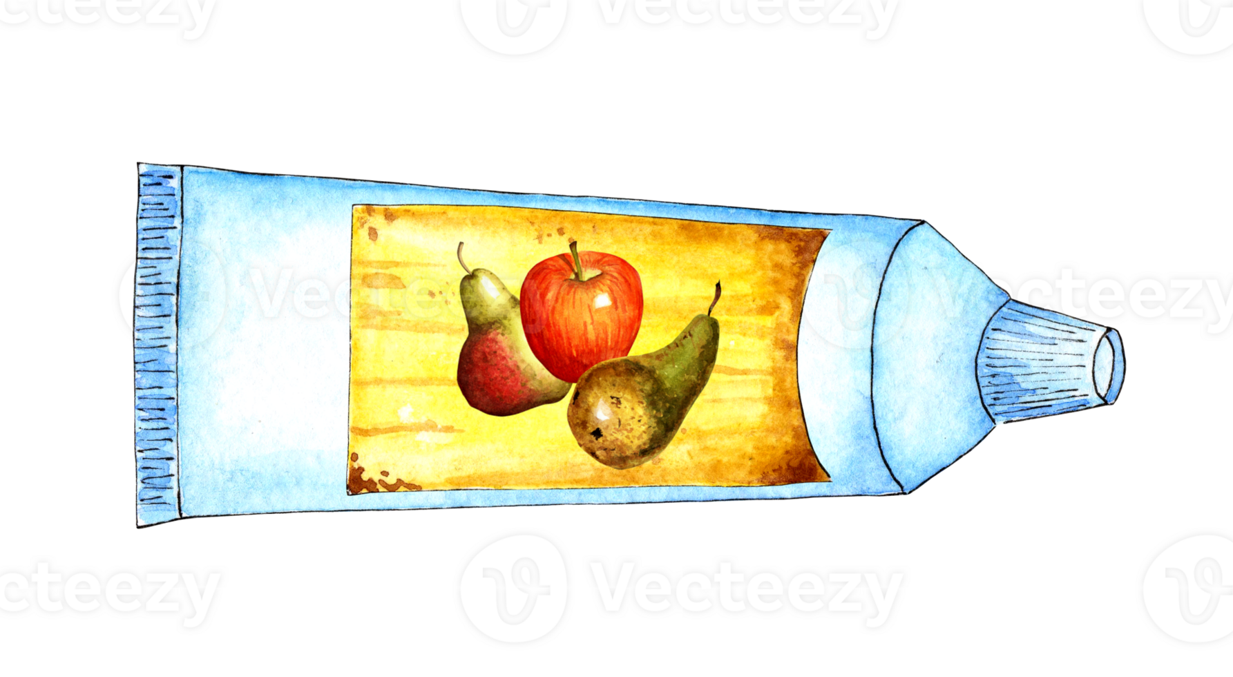 Aquarell Illustration von ein Weiß Tube mit ein Gelb Etikette und ein Apfel und Birne auf Es. Raum Essen, Essen zum Astronauten, ist im Null Schwere. Apfel Birne im ein Rohr. isoliert. gezeichnet durch Hand. png