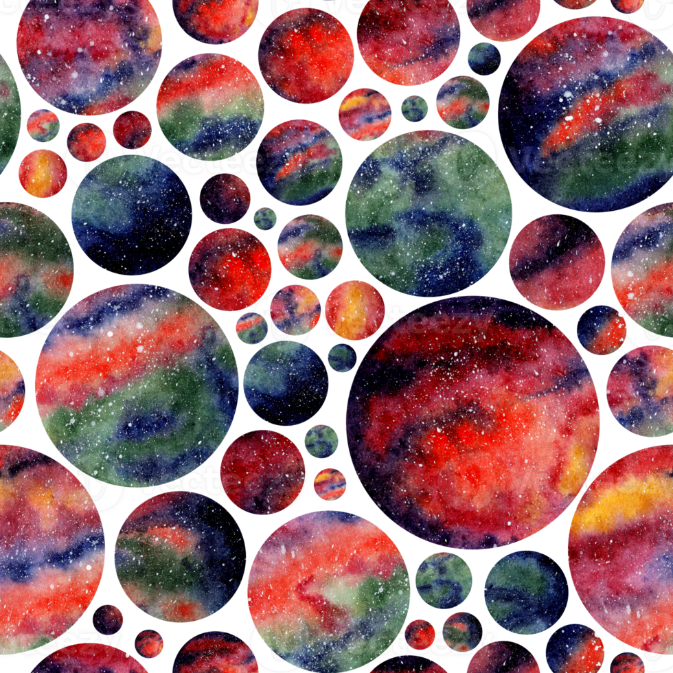 Watercolor space seamless pattern. Abstraction of the planet, stars, night sky. Infinitely repeating patterns of the cosmos. Isolated png