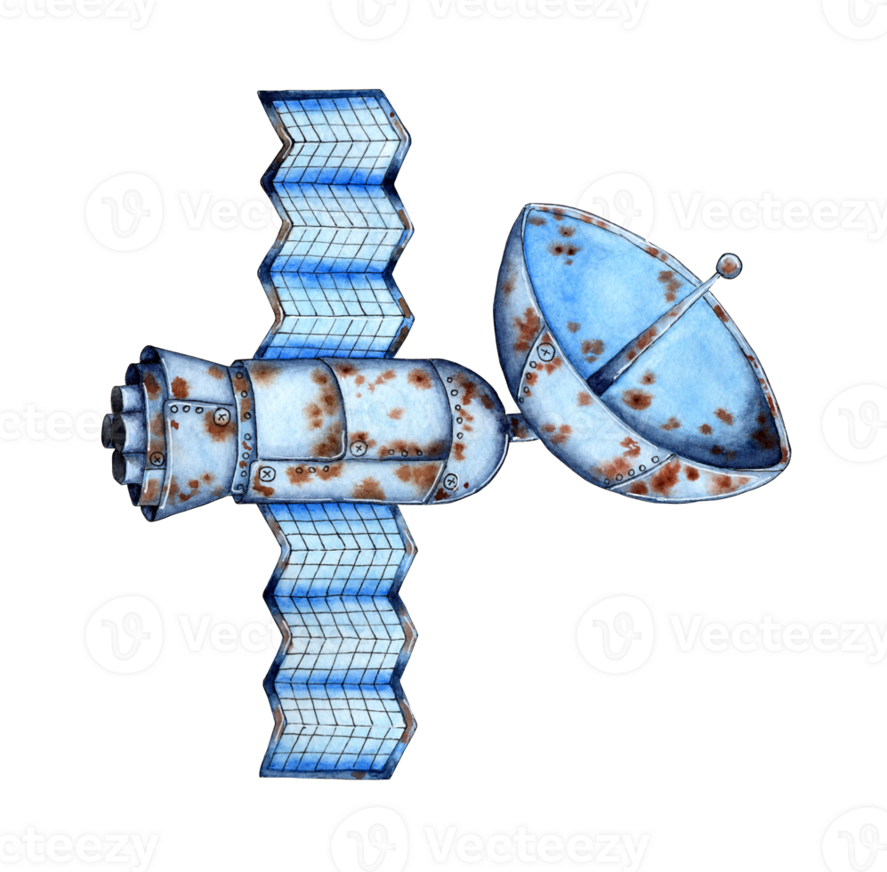 waterverf illustratie van een groot oud roestig satelliet met een radar schotel voor ontvangen en verzenden een signaal in buitenste ruimte. ruimte communicatie vliegtuigen. radio, televisie, cellulair communicatie png