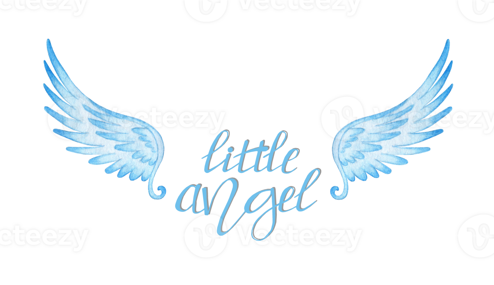 Watercolor illustration of handwritten blue text little angel and wings. Hand lettering for poster, banner, logo, prints, baby clothes, greeting cards. Motivational quote typography design. Isolated png