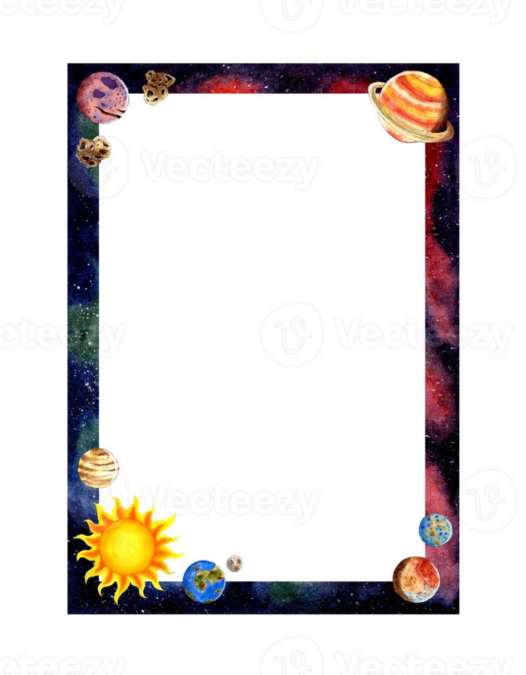 Watercolor illustration Vertical space frame with planets, sun, earth, moon, mars, mercury, pluto, saturn, meteors. Baby frame with blank insert space. Isolated . Drawn by hand. png