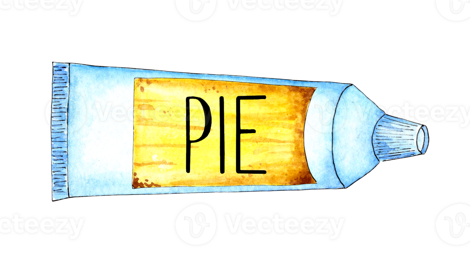 Watercolor illustration of a white tube with a yellow label and pie on it. Space food, food for astronauts, is in zero gravity. Pie in a tube isolated png