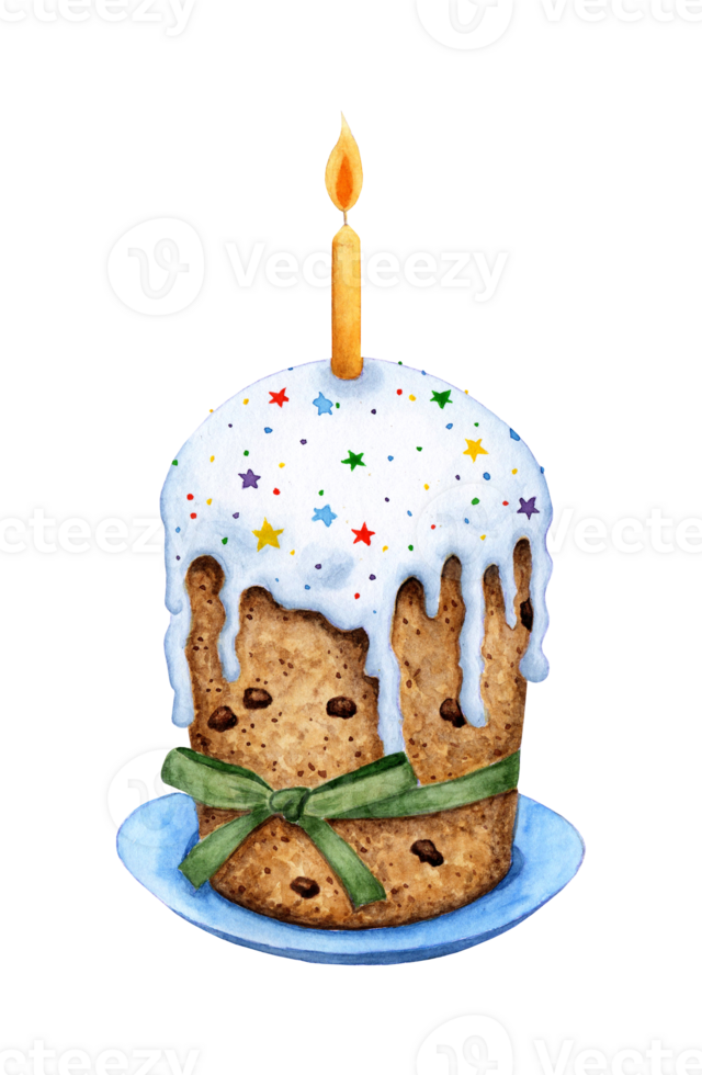 acquerello illustrazione di un' torta nel zucchero Smalto con Pasticcino spruzzatori e un' candela. Pasqua Cupcake con verde nastro. Pasqua, religione, tradizione. isolato. disegnato di mano. png