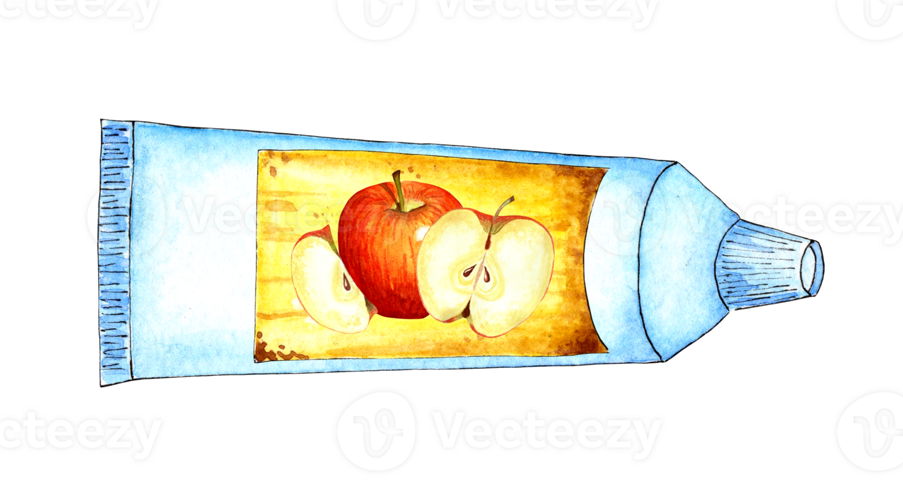 Watercolor illustration of a white tube with a yellow label and an apple on it. Space food, food for astronauts, is in zero gravity. Applesauce in a tube. Isolated. Drawn by hand. png