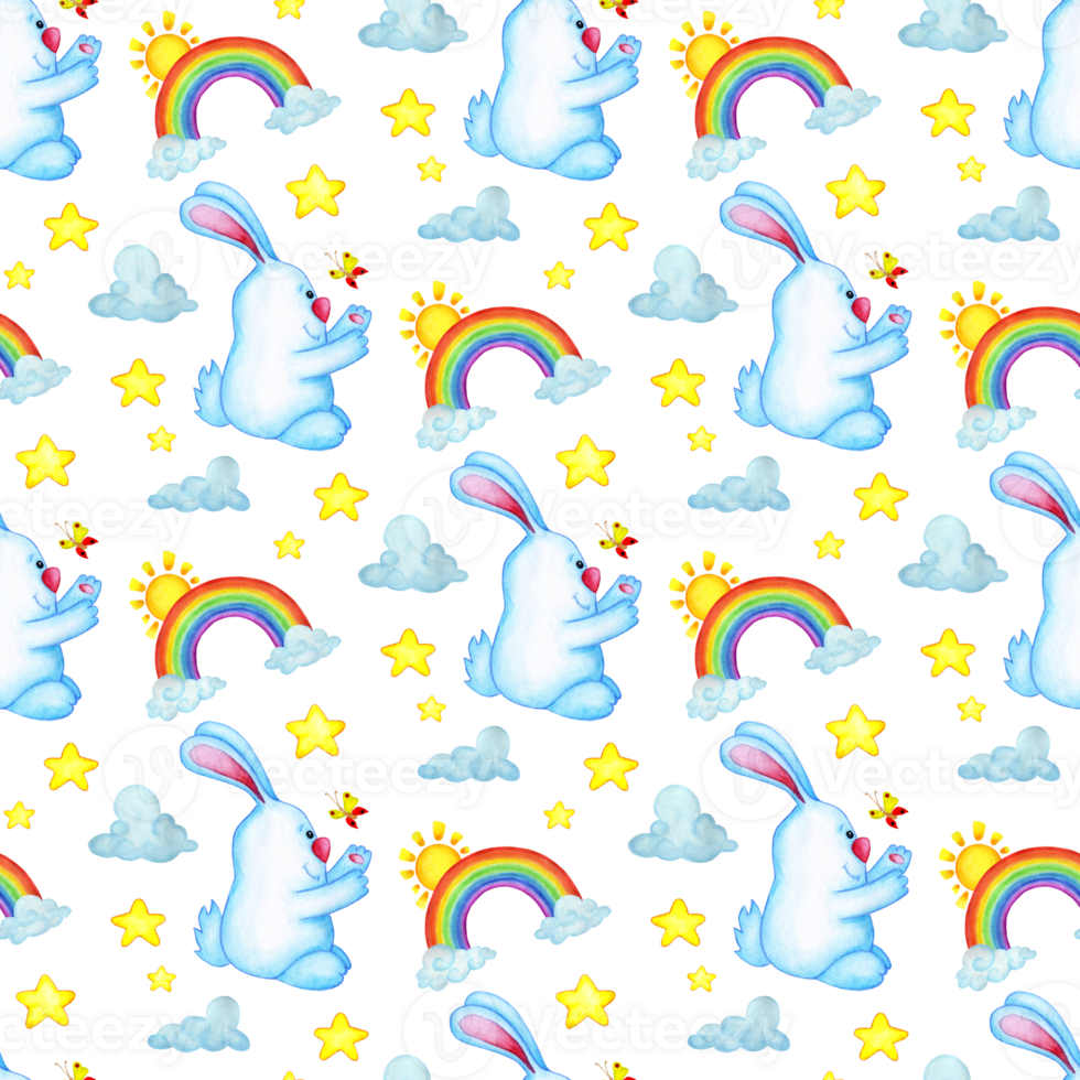 Watercolor illustration seamless repeating pattern rabbit, sun, rainbow, stars, butterfly. Decorative cute wallpaper good for printing blue hare isolated. Drawn by hand. png