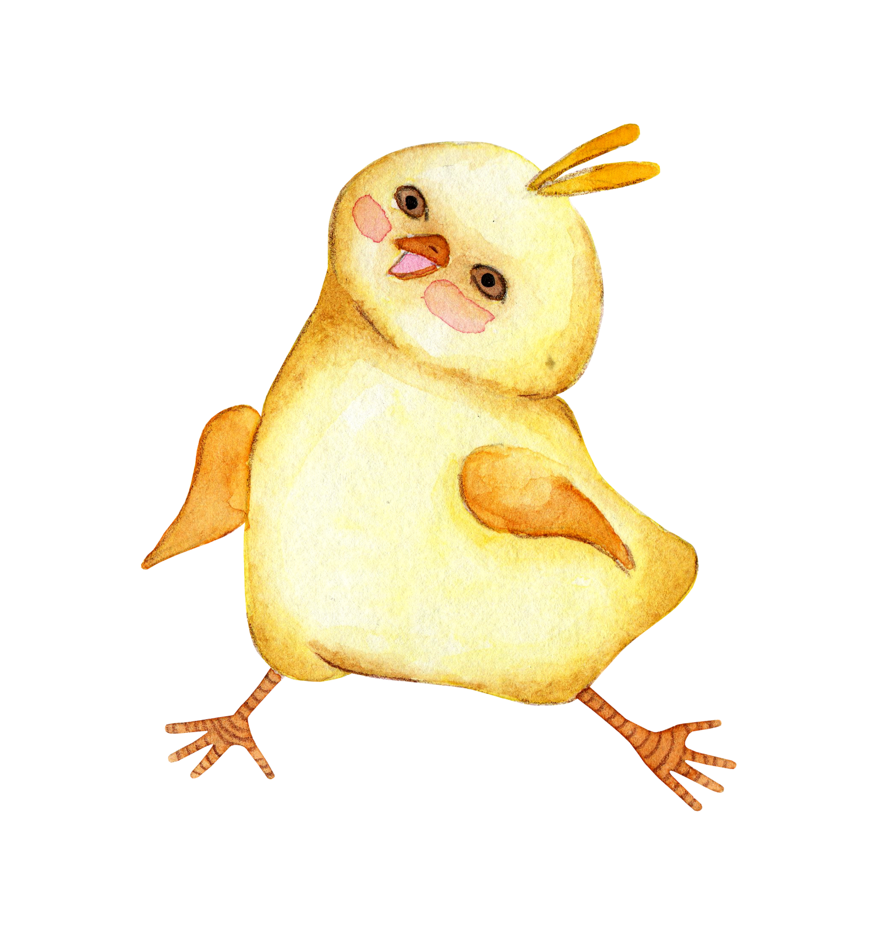 Watercolor illustration of a cute little yellow chicken running happily