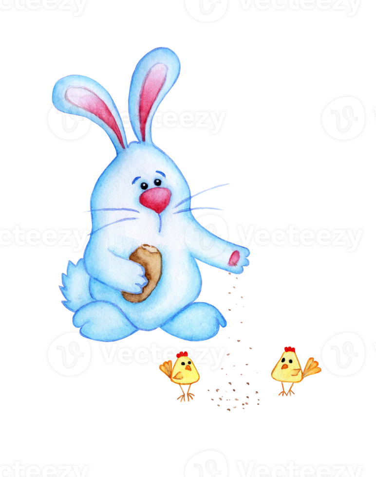 Watercolor illustration of a cute blue Easter bunny loaf feeding chickens. Hare crumb bread for chickens drawing for children. Easter, tradition, religion. Isolated png
