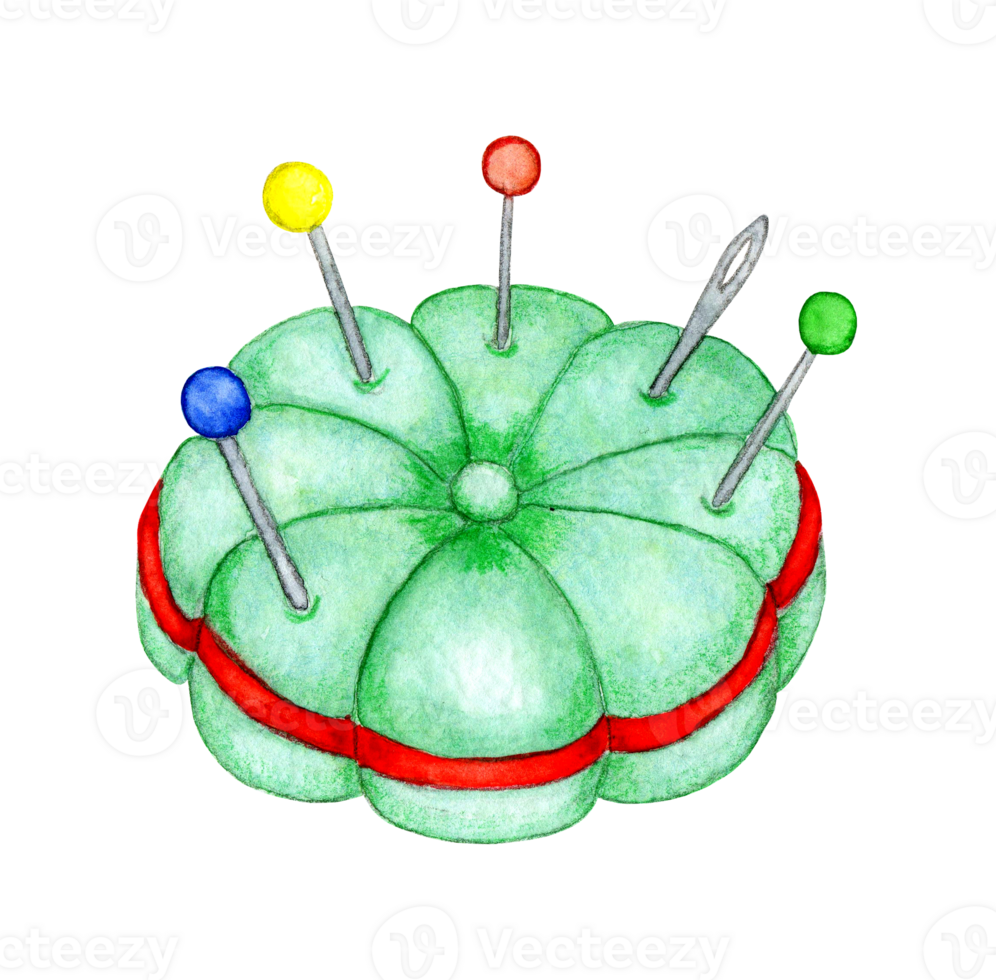 Watercolor illustration of a small green pillow for inserting and storing needles and pins. The pincushion is a tool for tailors, needlewomen and housewives. Isolated. Drawn by hand. png