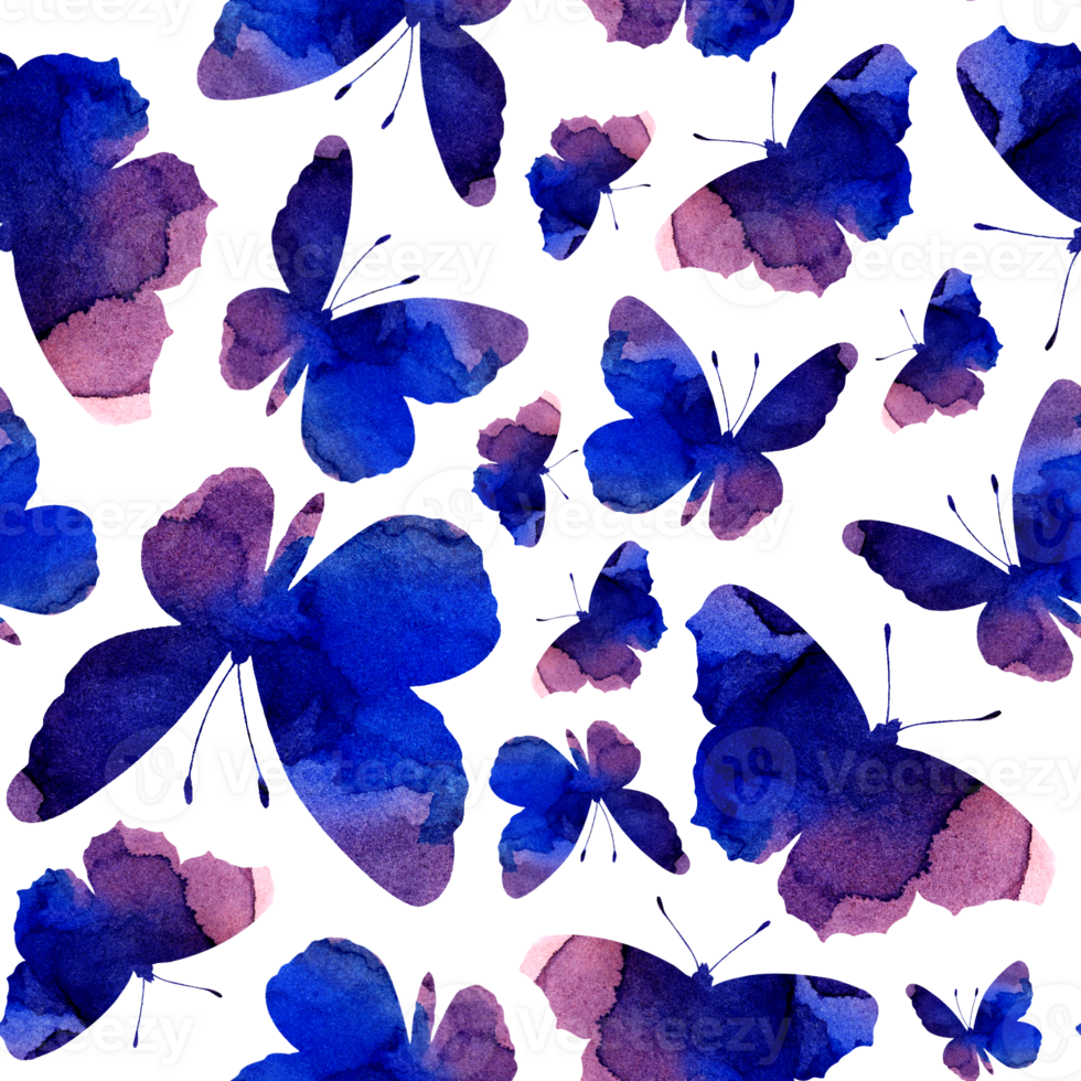 Watercolor seamless pattern purple silhouettes of butterflies. Abstract background with insects isolated. Drawn by hand. png