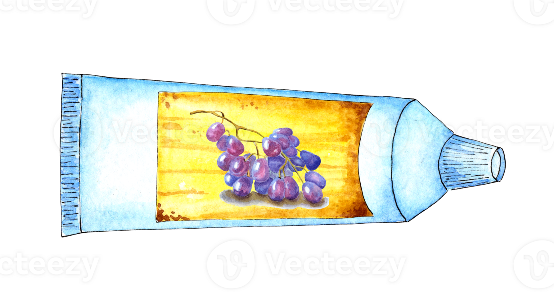 Watercolor illustration of a white tube with a yellow label and grapes on it. Space food, food for astronauts, is in zero gravity. Grapes in a tube. Isolated. Drawn by hand. png