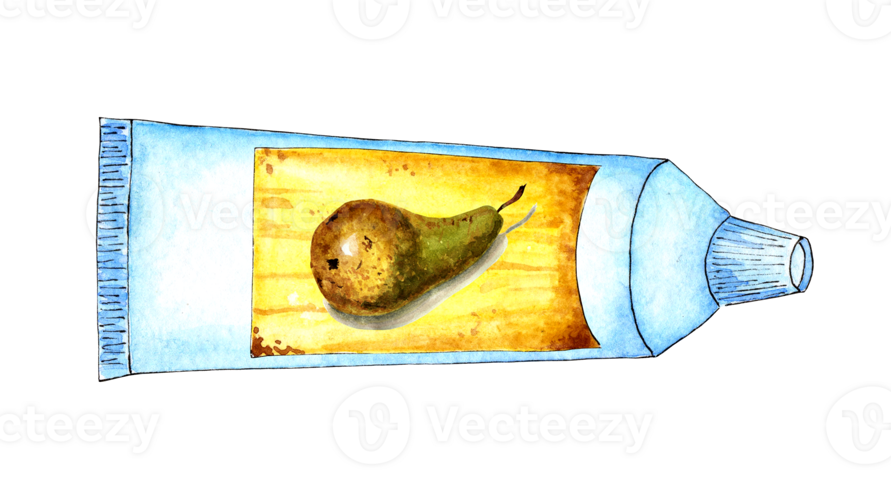 Watercolor illustration of a white tube with a yellow label and a pear on it. Space food, food for astronauts, is in zero gravity. Pear in a tube. Isolated. Drawn by hand. png