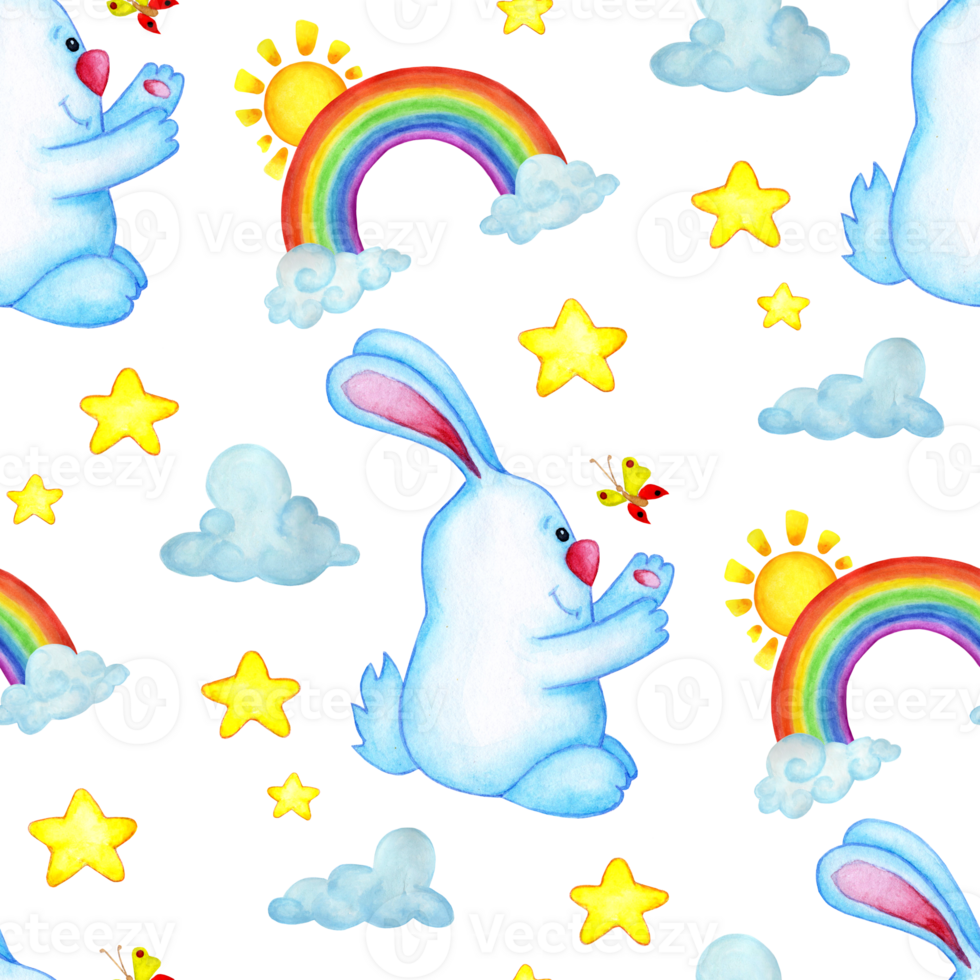 Watercolor illustration seamless repeating pattern with bunny, rainbow, clouds and stars. Blue hare catches a butterfly drawing for children. Baby shower isolated Drawn by hand. png