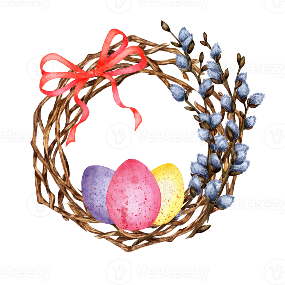 Watercolor illustration of an Easter wreath made of twigs and willow branches with a bow and painted eggs. Decor for the holiday. Religion, tradition, Easter. Isolated . Drawn by hand. png