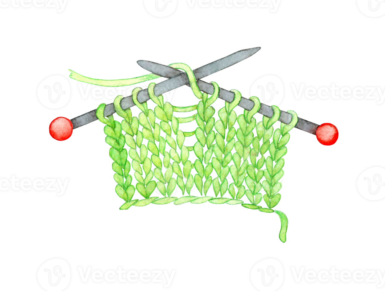 Watercolor illustration of knitted green fabric on knitting needles. Knitting by stitch. Knitting pattern, example. Creativity, needlework, knitting. Isolated . Drawn by hand. png