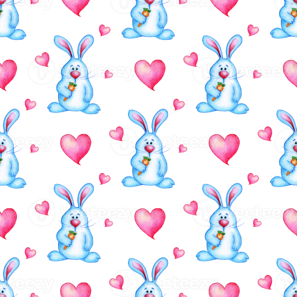 Watercolor illustration of seamless repeating pattern of cute blue bunny with carrot in paw and pink hearts. Cartoon hare baby shower print. Isolated. Drawn by hand. png