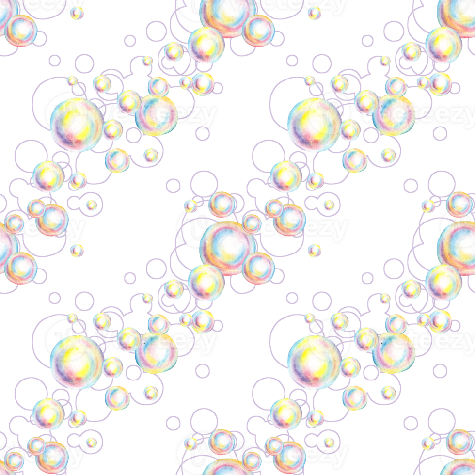Watercolor illustration seamless pattern with soap bubbles and contours. Summer toy symbol, bath time, carnival, bubble party. Isolated, hand drawn. For the design of banners, postcards, flyers, png