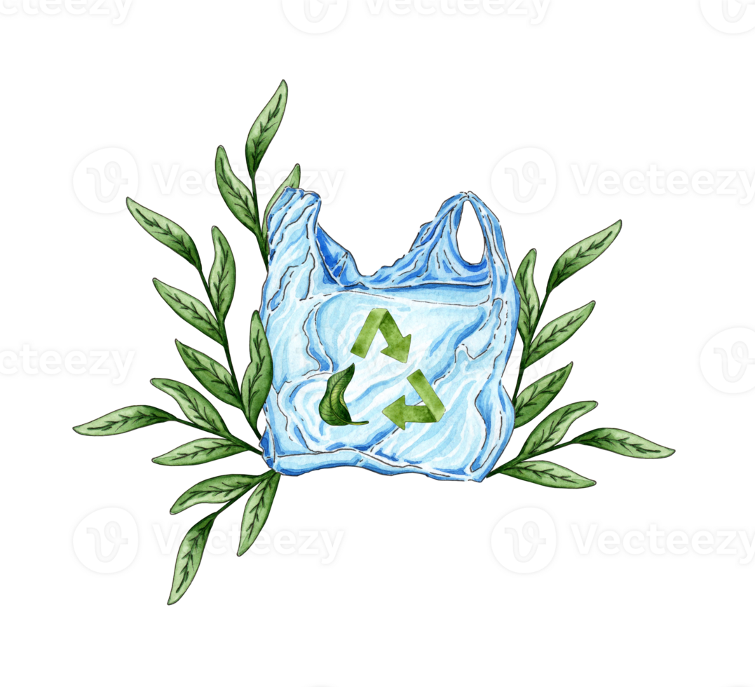 Watercolor illustration of a plastic bag with a garbage recycling sign and green sprouts. Prohibition sign on disposable cellophane and plastic bag. Pollution problem concept. isolated png