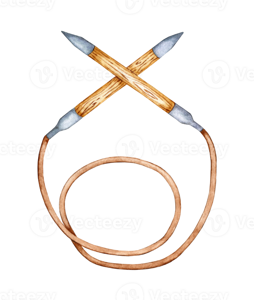 acuarela ilustración de de madera circular tejido de punto agujas con metal consejos. herramienta para el secado sin costura productos creatividad, costura, tejido de punto. aislado png