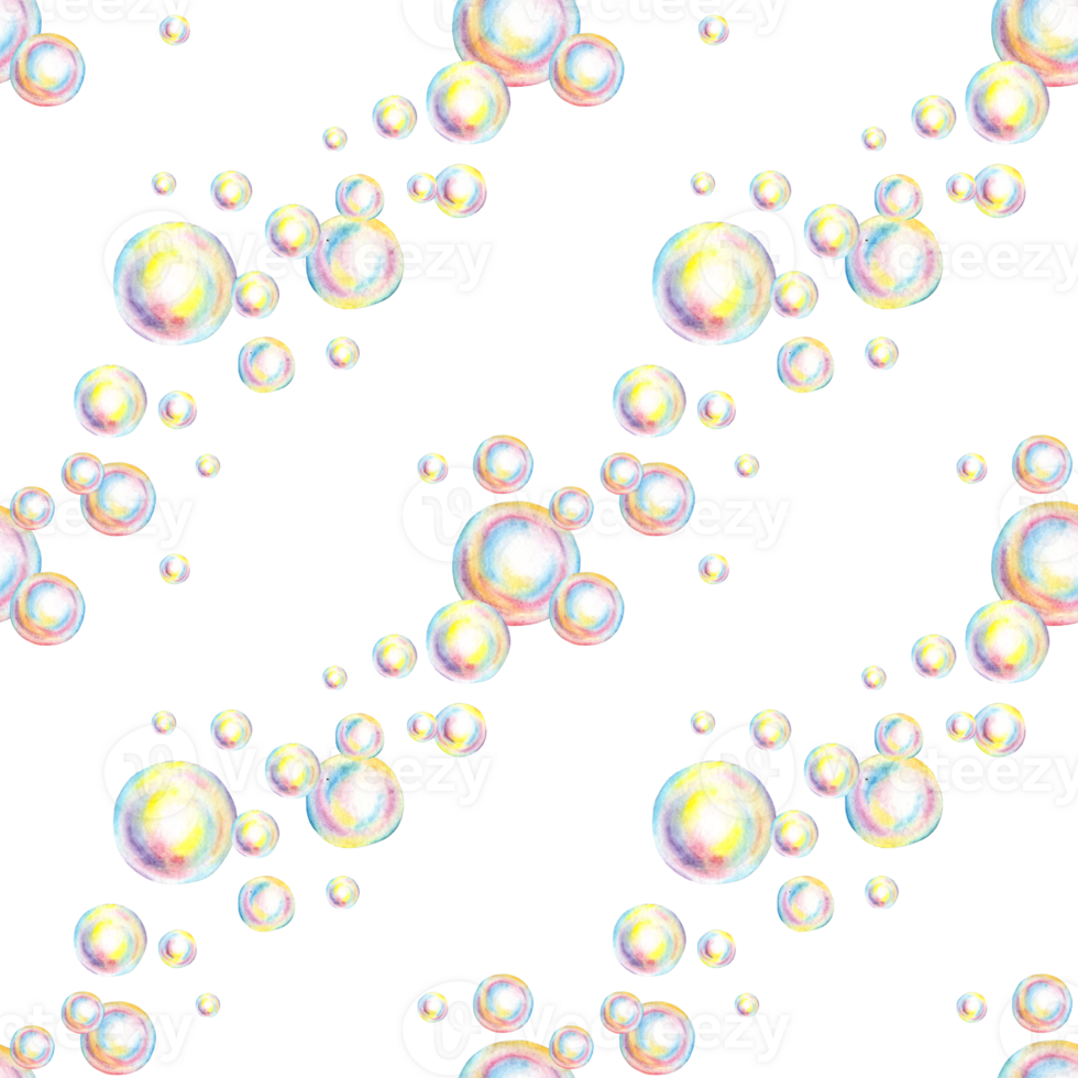 Watercolor illustration seamless pattern with soap bubbles in a diagonal pattern. Summer toy symbol, bath time, carnival, bubble party. Isolated, hand drawn. For the design of banners, cards, flyers, png
