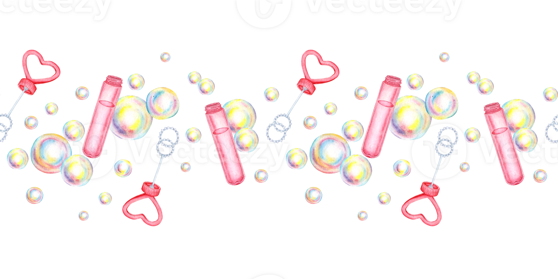 Watercolor illustration horizontal pattern of soap bubbles, pink bottle and wand with heart-shaped cap. Summer toy symbol, bath time, carnival, bubble party. Isolated, hand drawn. png