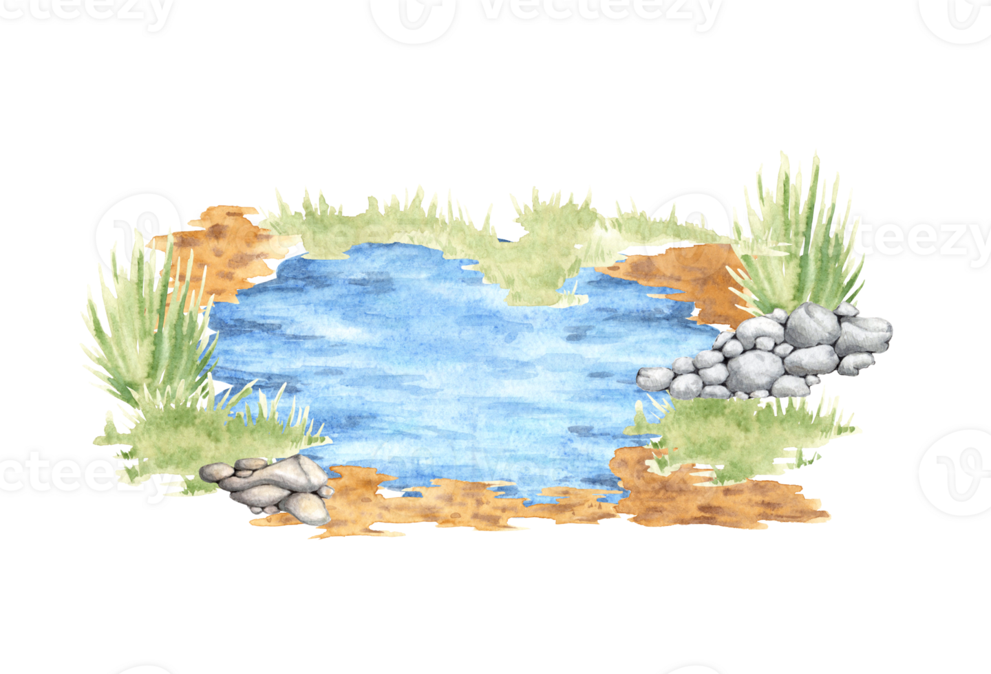 Watercolor illustration of an azure lake with light waves and ripples on the water, in a forest clearing. Surface of the water. Element of a natural scene the shore of a lake, pond. Isolated png