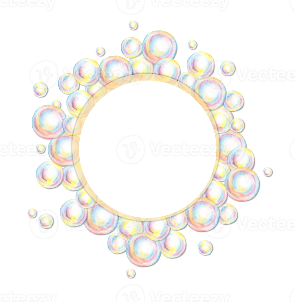 Watercolor illustration round frame with soap bubbles. Summer toy symbol, bath time, carnival, bubble party, soap making, hobby, bathroom, bubbles, foam, shampoo, cleaning, washing, hygiene, cosmetics png