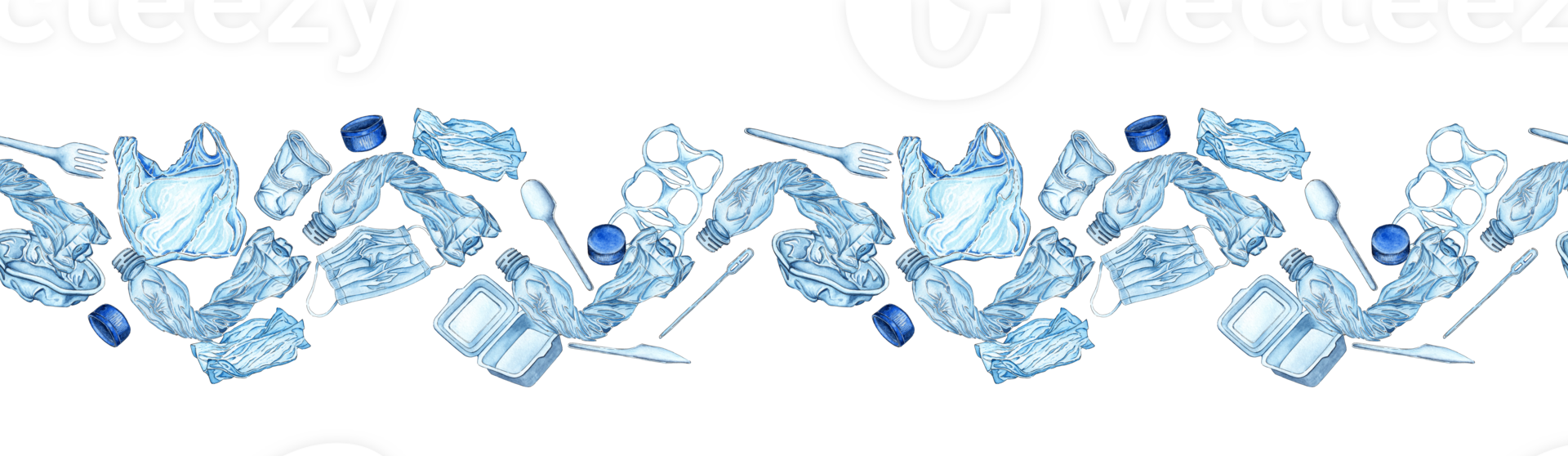 Watercolor illustration pattern of plastic waste pollution. Plastic products are recyclable. Isolated. Ecological problem. Plastic crumpled bottles, used bags, dishes. png