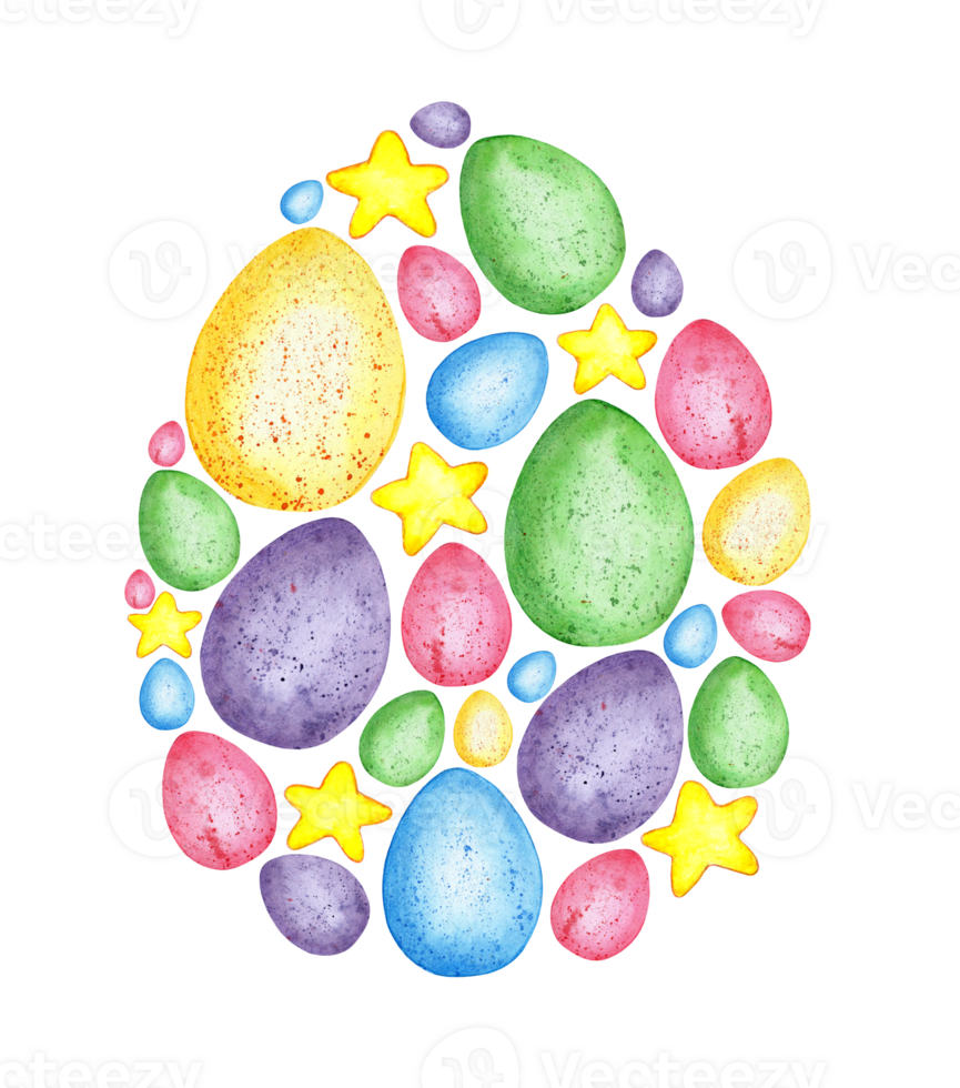 Watercolor illustration of a pattern in the shape of an Easter egg filled with small elements of an egg and a star. Religion, tradition, Easter. Festive design element. Isolated . Drawn by hand. png