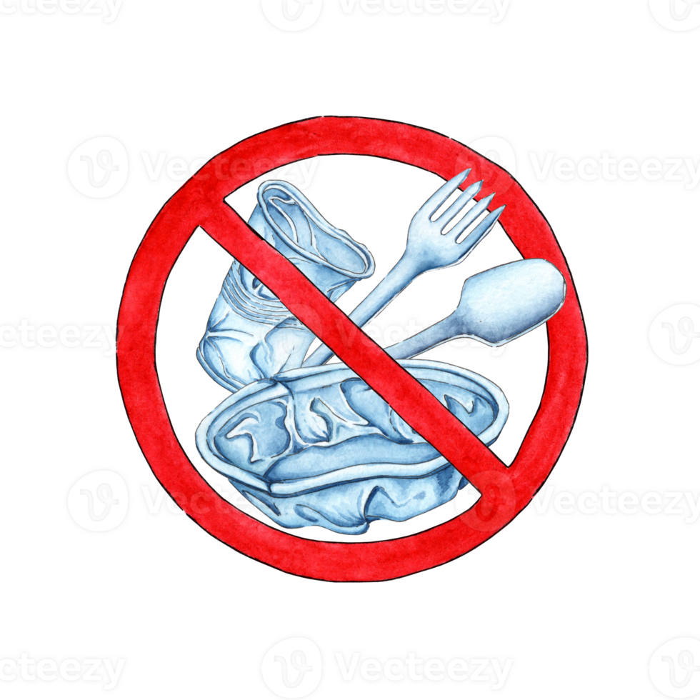 Watercolor illustration of disposable plastic tableware in a red prohibition circle. Plastic products are recyclable. Isolated. Ecological problem. Plastic waste pollution. png