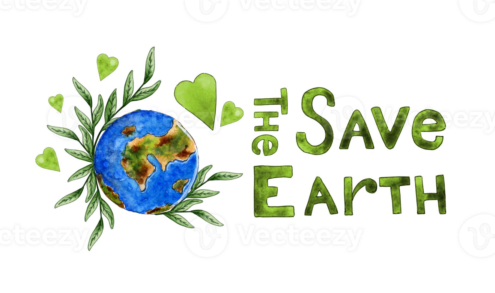 Watercolor illustration of a blue planet Earth with green sprouts, hearts and the inscription Save. Pollution problem concept. Isolated. Composition for design, banner, web, poster. png